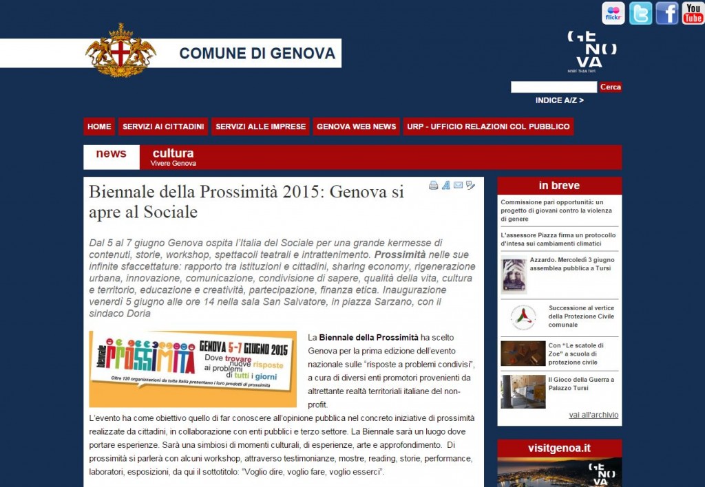 4 Giugno - Si parla della Biennale sul sito del Comune di Genova
